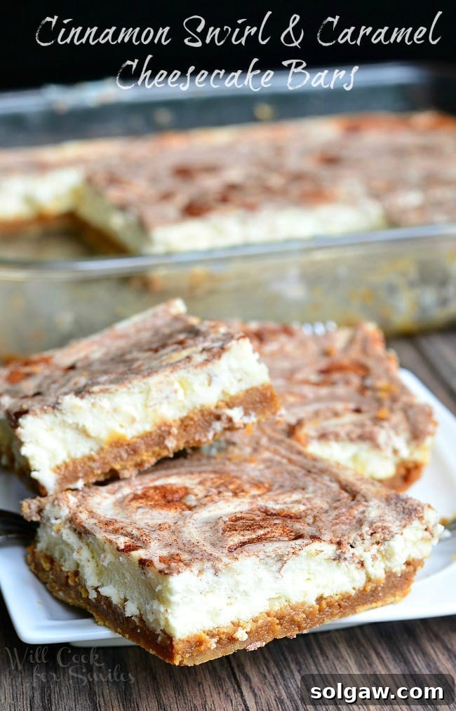 Decadent Cinnamon Swirl & Caramel Cheesecake Bars on a serving plate, inviting you to enjoy their rich flavors and layers.