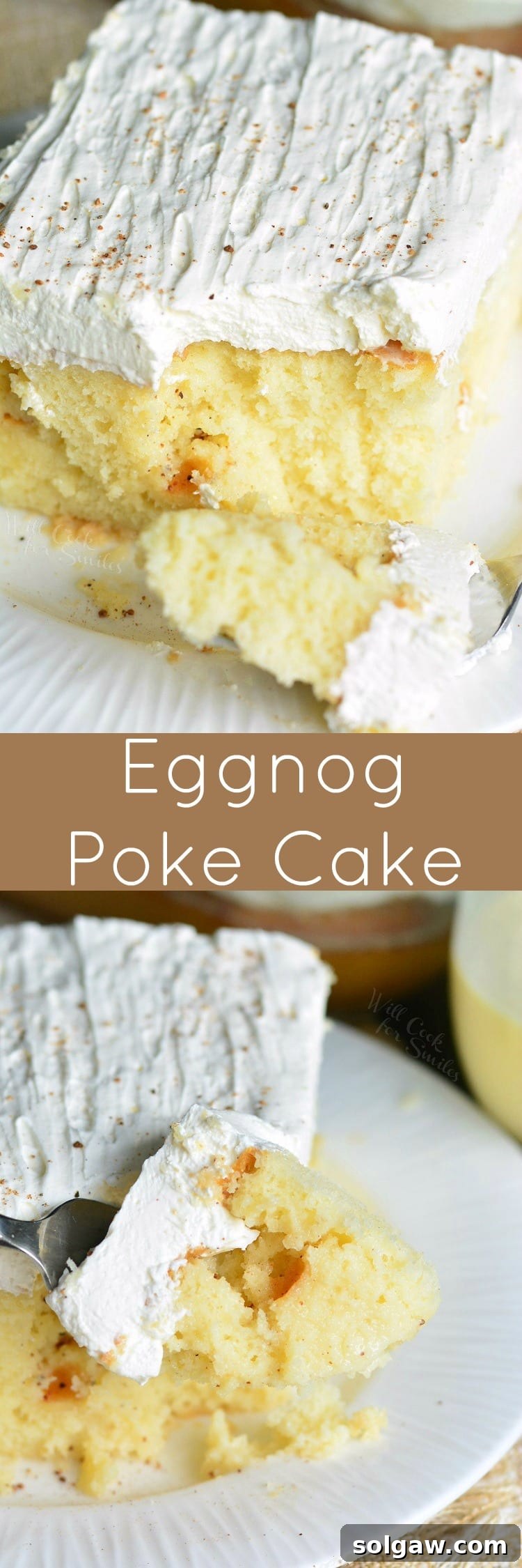 A collage of various images of the Eggnog Poke Cake, showcasing its texture and presentation.