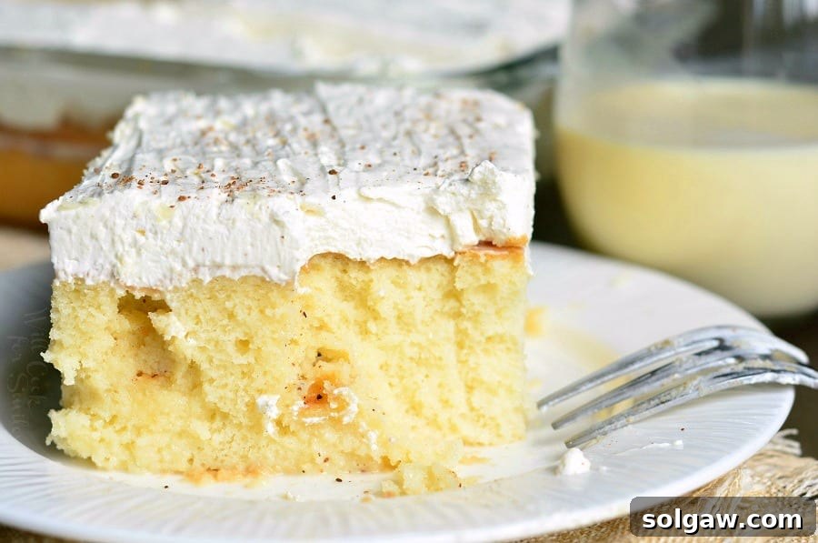 Eggnog Poke Cake with a festive, rounded image border.