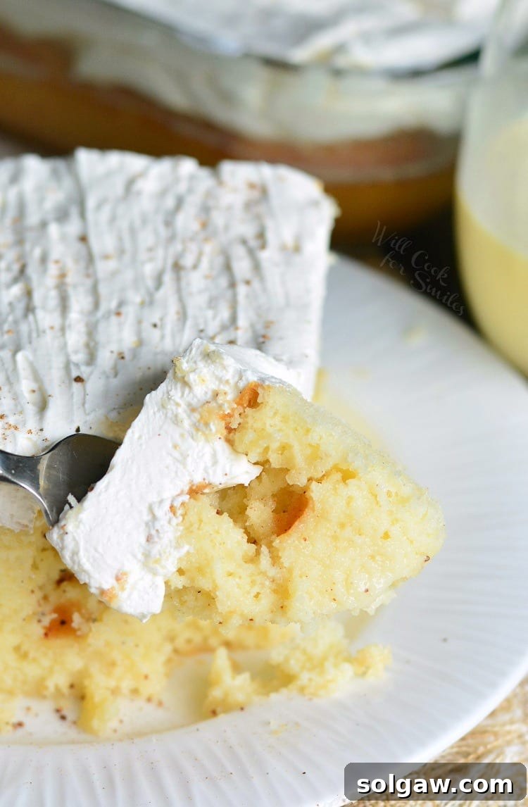 Two slices of Eggnog Poke Cake on a white plate, garnished with a sprinkle of nutmeg.