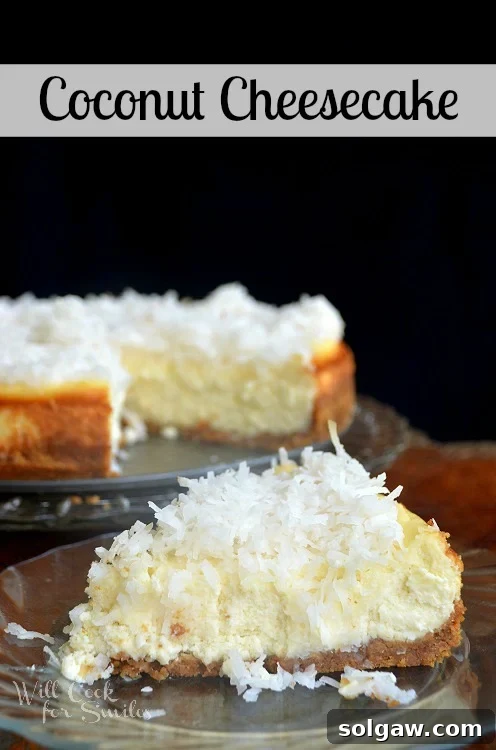 A vibrant close-up of a single slice of coconut cheesecake on a clean glass plate, with the rest of the coconut cheesecake blurred in the background on a glass cake stand, showing off its rich, baked coconut topping.