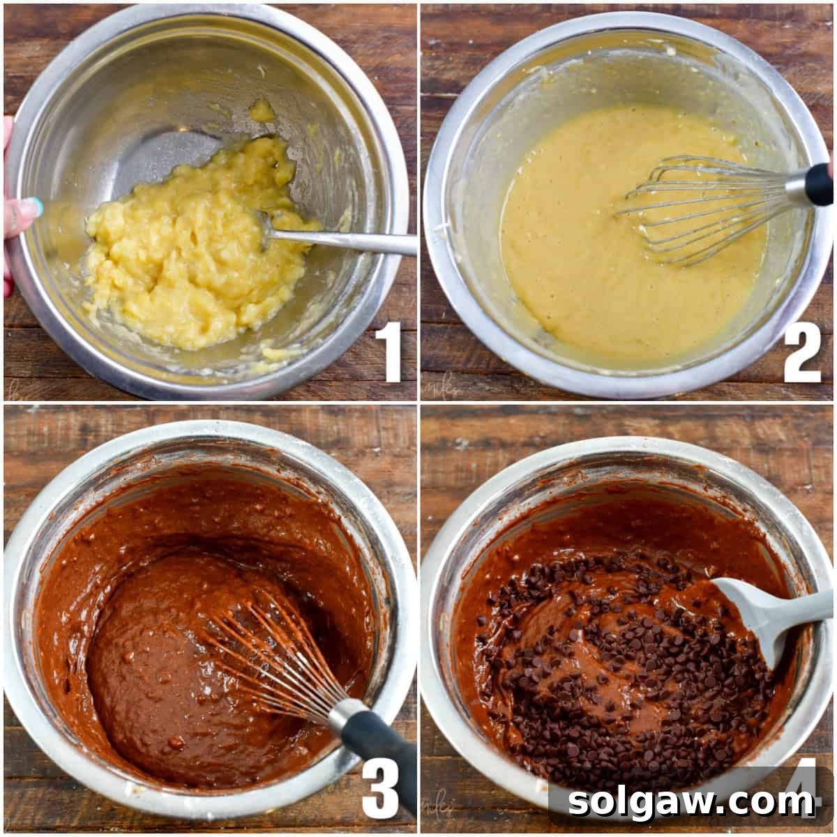 A four-panel collage showing the step-by-step process of making chocolate banana muffins: mashing bananas, mixing wet ingredients, adding dry ingredients, and folding in chocolate chips.