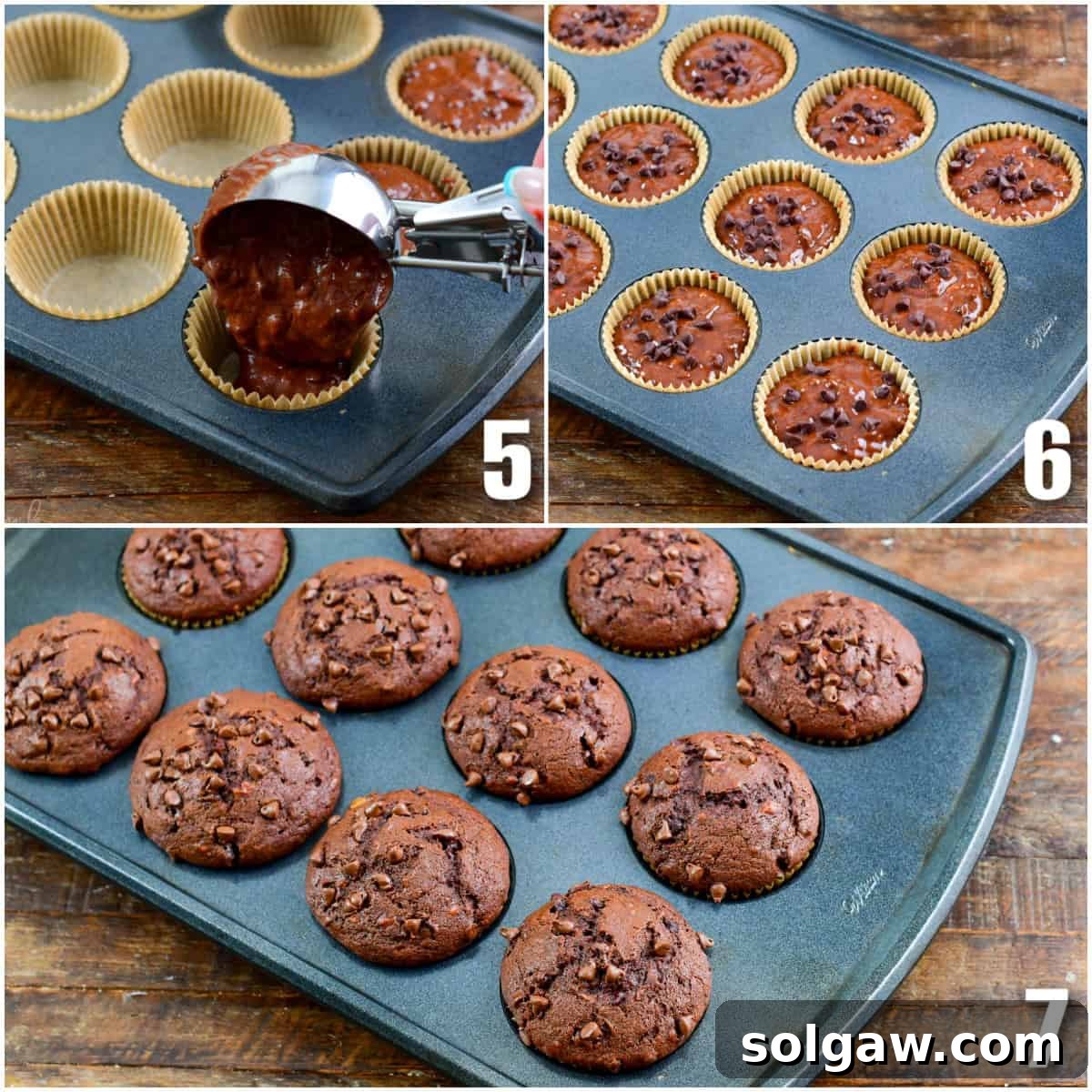 A three-panel collage depicting the final stages of chocolate banana muffin preparation: scooping batter into liners, unbaked muffins ready for the oven, and a pan of freshly baked muffins.