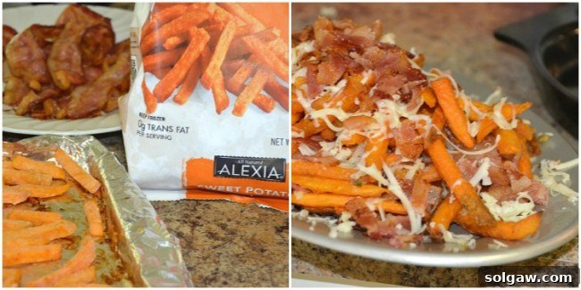 Collage displaying preparation steps and key ingredients for making smothered sweet potato fries