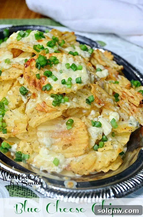 Close-up shot of blue cheese chips on a silver platter, served on a white and green cloth, showcasing the melted cheese and green onions.