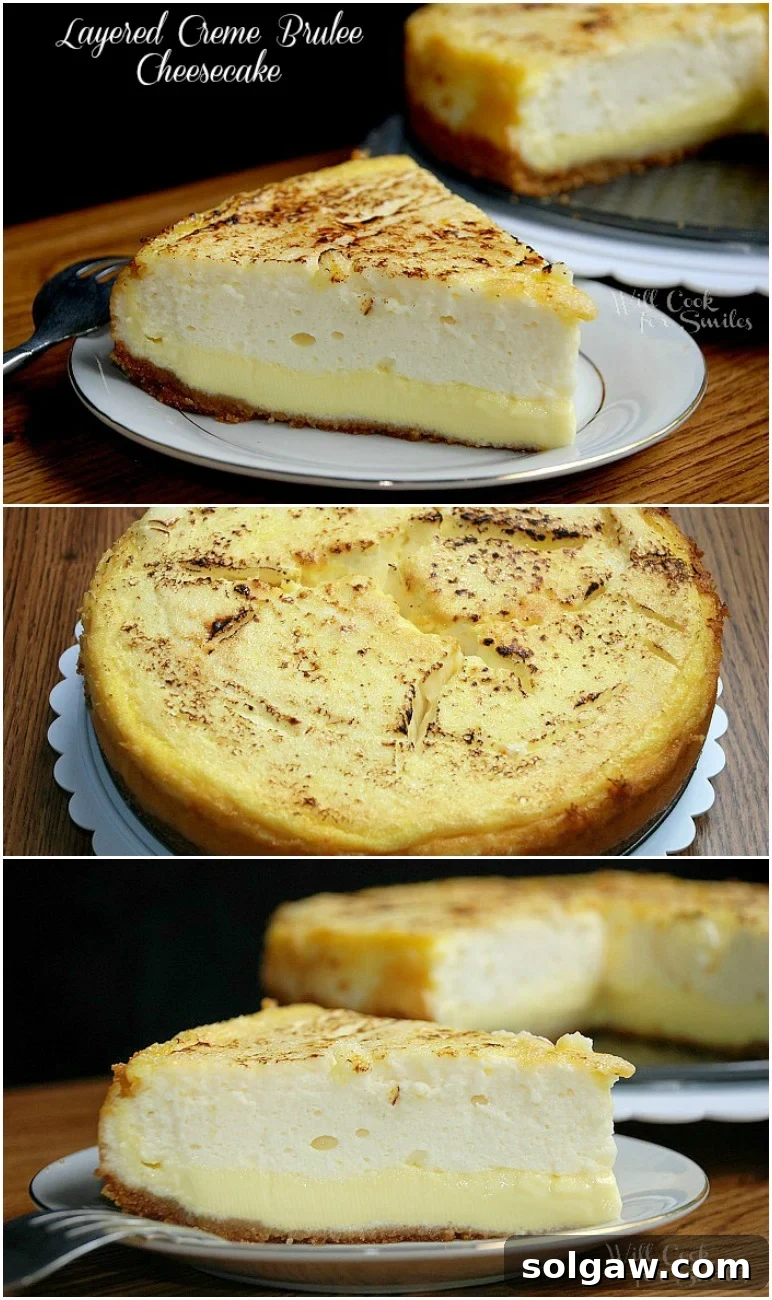 A stunning collage featuring a slice of Crème Brûlée Cheesecake on a plate, the whole cheesecake in a springform pan, and another close-up slice, highlighting its exquisite layers and caramelized topping.