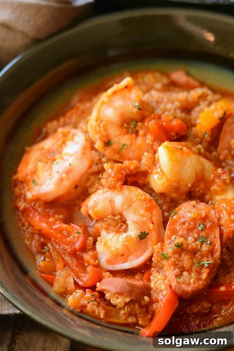 Smoked Sausage and Shrimp Jambalaya with Quinoa in a pan