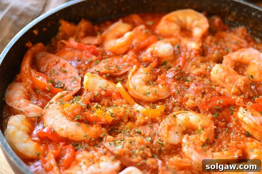 Smoked Sausage and Shrimp Jambalaya with Quinoa in a pan