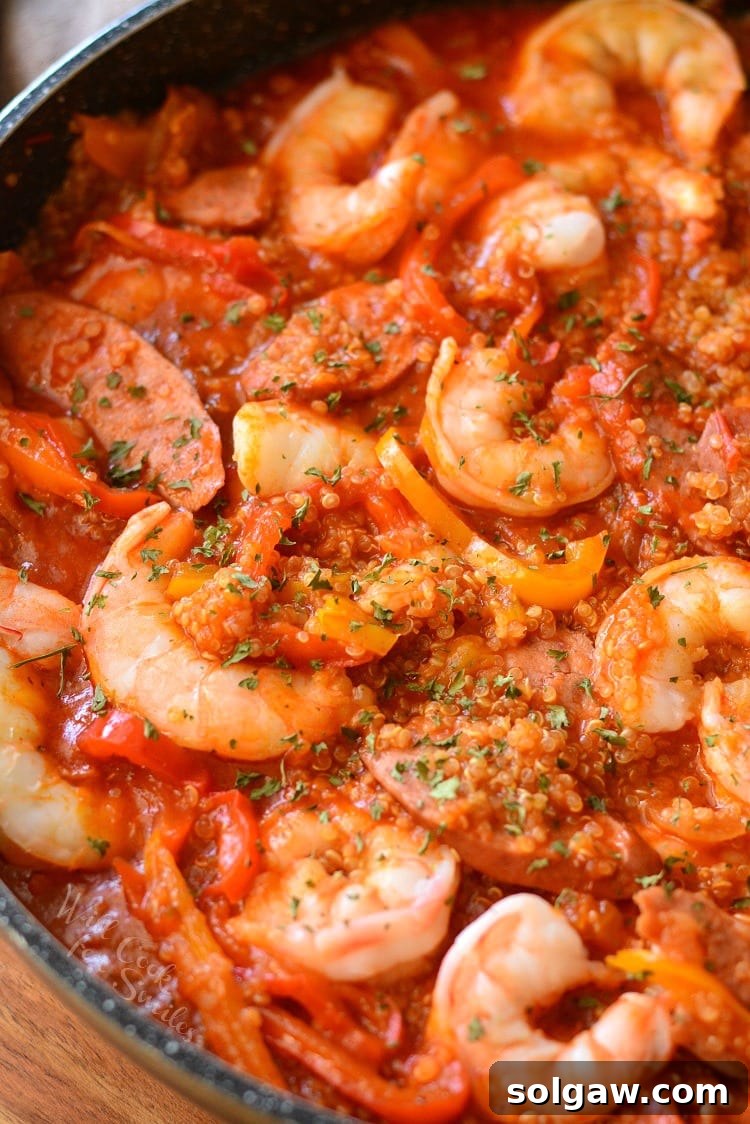 Smoked Sausage and Shrimp Jambalaya with Quinoa in a bowl, ready to serve