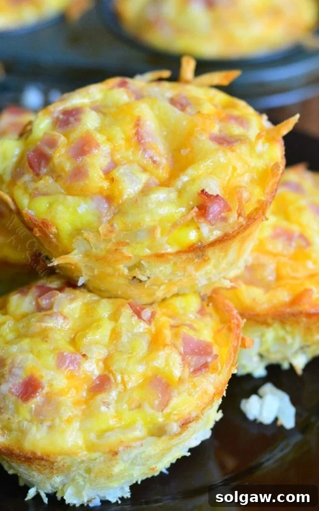 Individual ham, egg, and cheese hash brown muffins in a muffin tin, garnished with chives, offering a savory breakfast option.