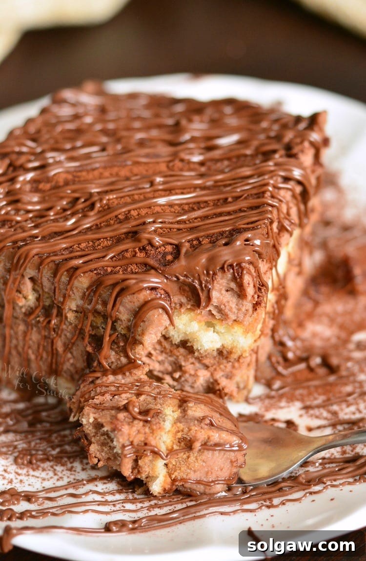 Easy Egg-Free Nutella Tiramisu 2 A delectable piece of Nutella Tiramisu, rich with chocolate hazelnut cream and espresso-soaked ladyfingers, on a pristine white plate, with a fork poised to take a bite.