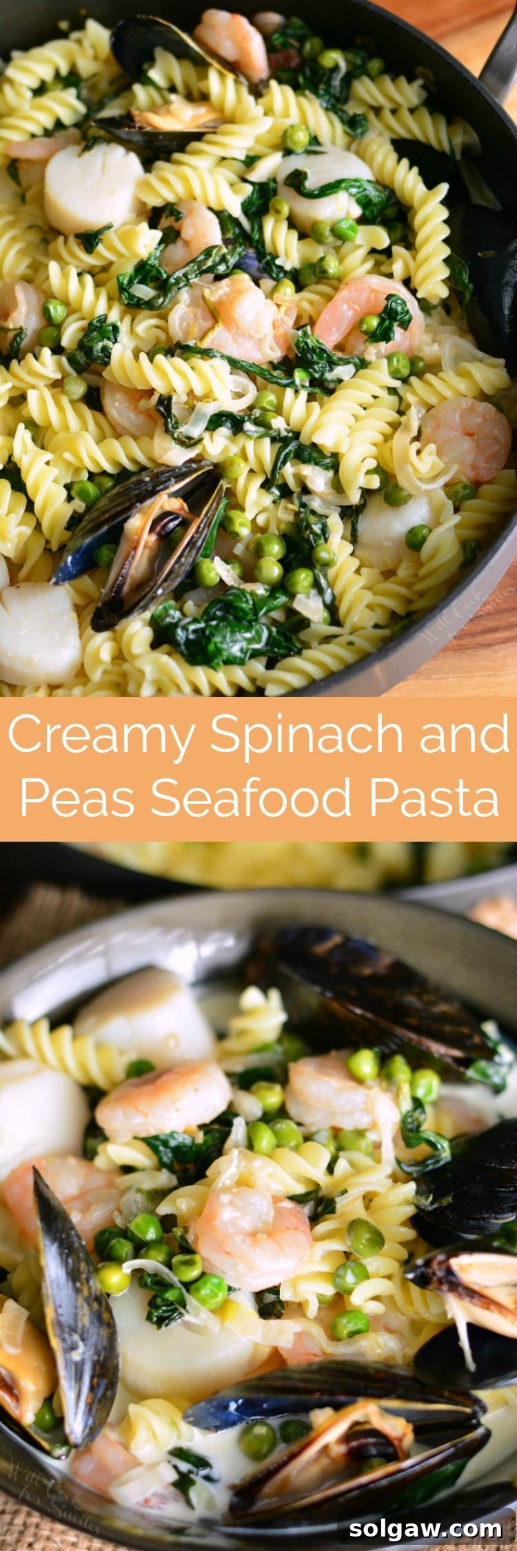 Collage of Creamy Spinach and Peas Seafood Pasta images, showing different angles and serving suggestions