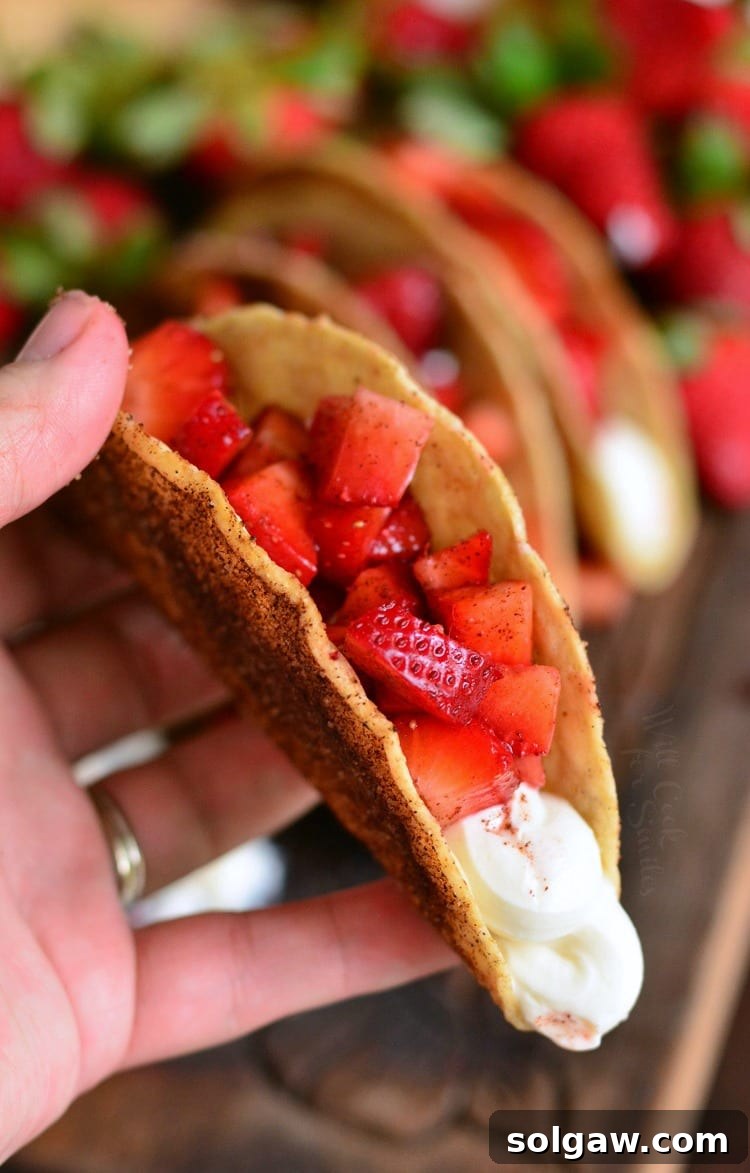 A hand holding a perfectly crafted Cinnamon Strawberry Cheesecake Dessert Taco, ready for a delicious bite.