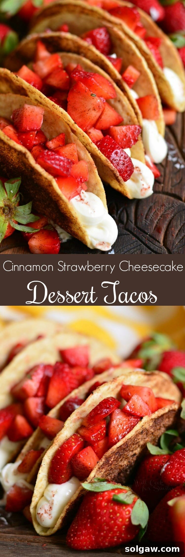 A vibrant collage showcasing the different stages and angles of Cinnamon Strawberry Cheesecake Dessert Tacos, emphasizing their appealing presentation.