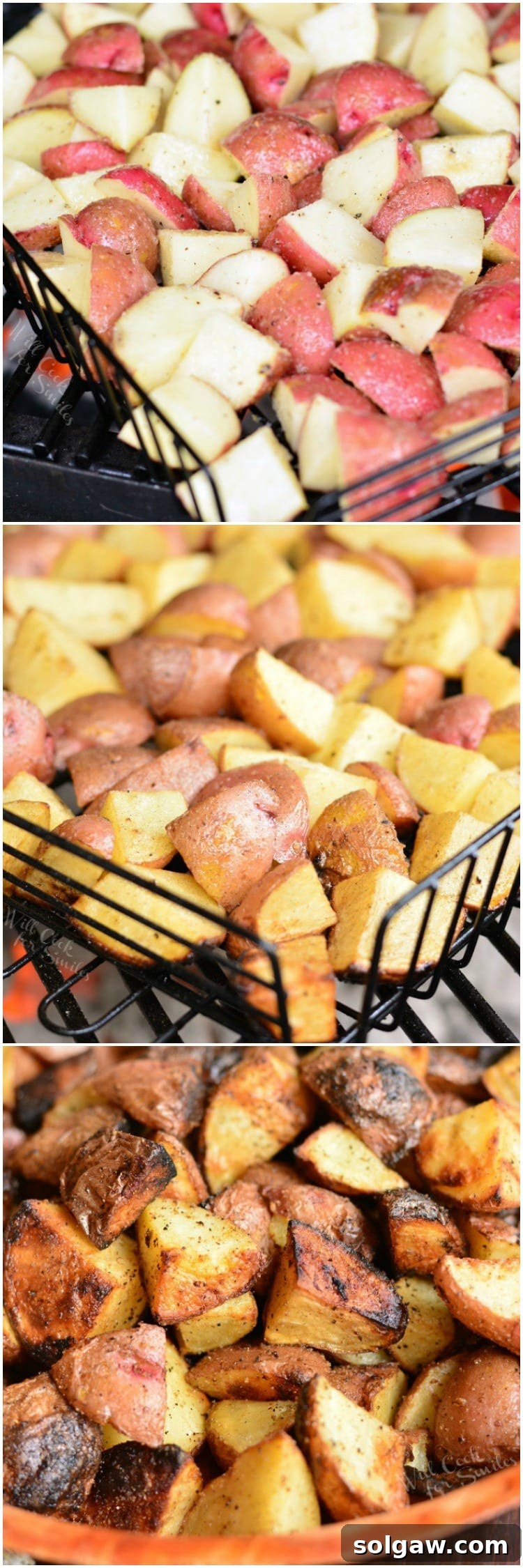 Roasted Garlic Potatoes in a grilling basket on the grill collage