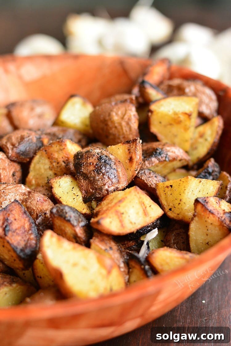 Grill Roasted Garlic Potatoes in a wood bowl