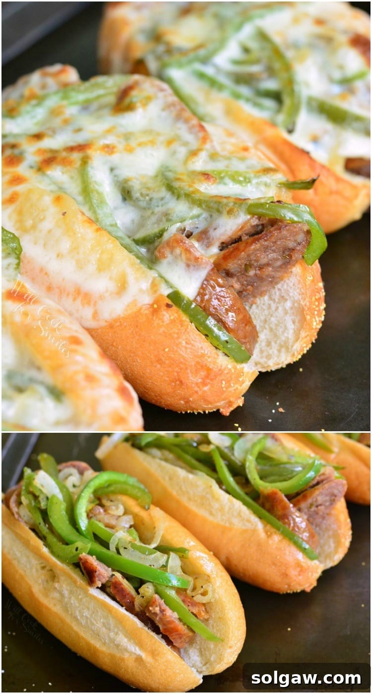 Philly Sausage Cheesesteak Hoagies 10 Philly Cheese "Steak" Sausage Hoagies on a baking dish collage