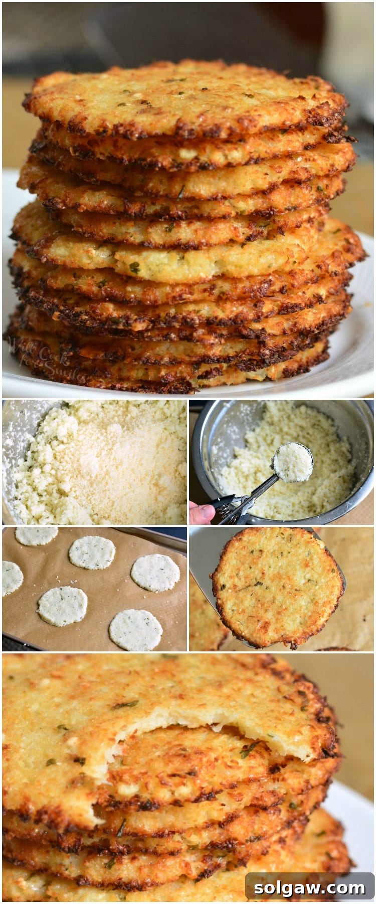 A large pile of crispy Cauliflower Parmesan Crisps, ready to be enjoyed.