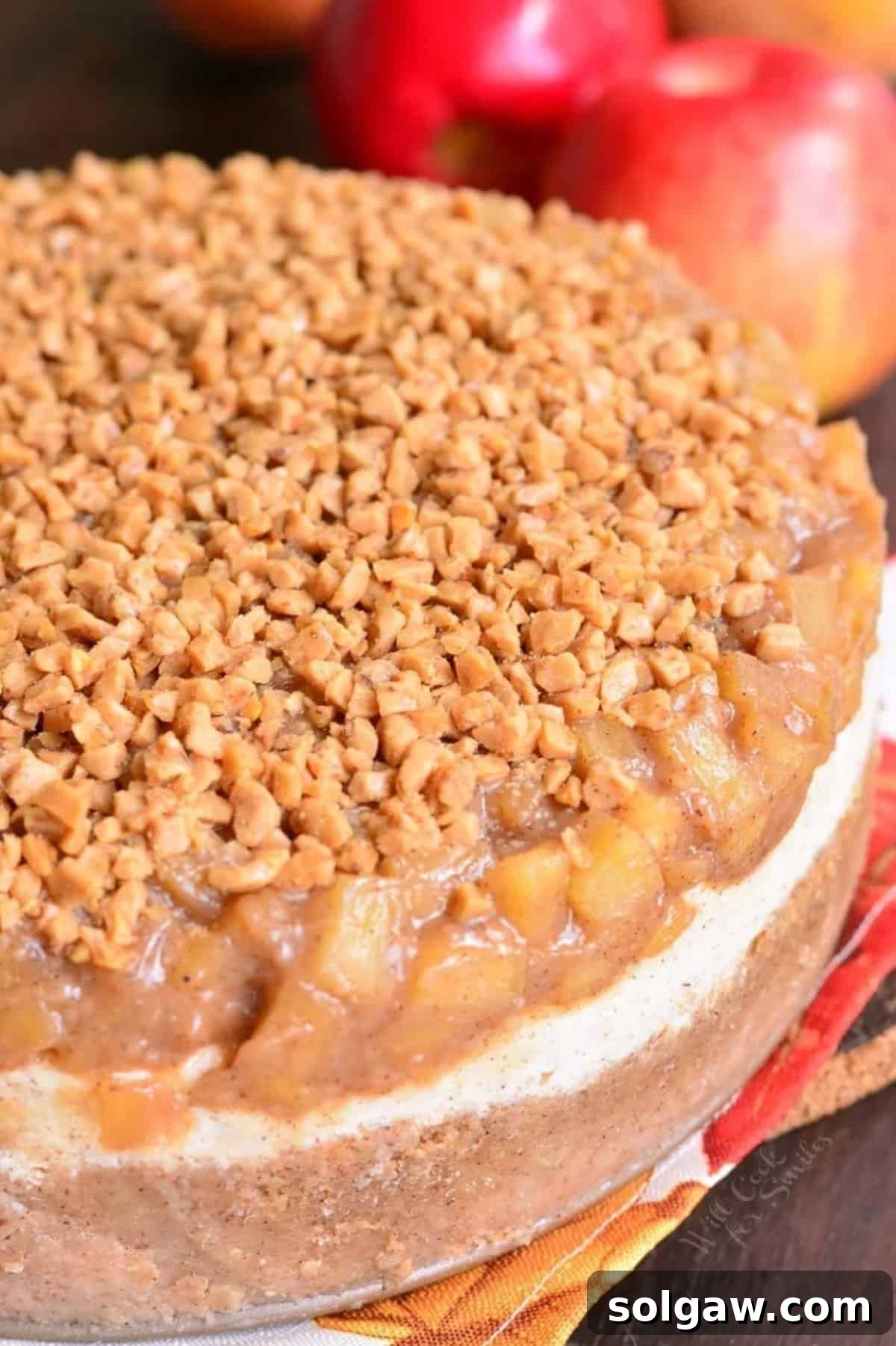 Spiced Apple Pie Cheesecake 3 A full apple pie cheesecake decorated with a generous layer of toffee crunch and fresh apple slices arranged around its base.