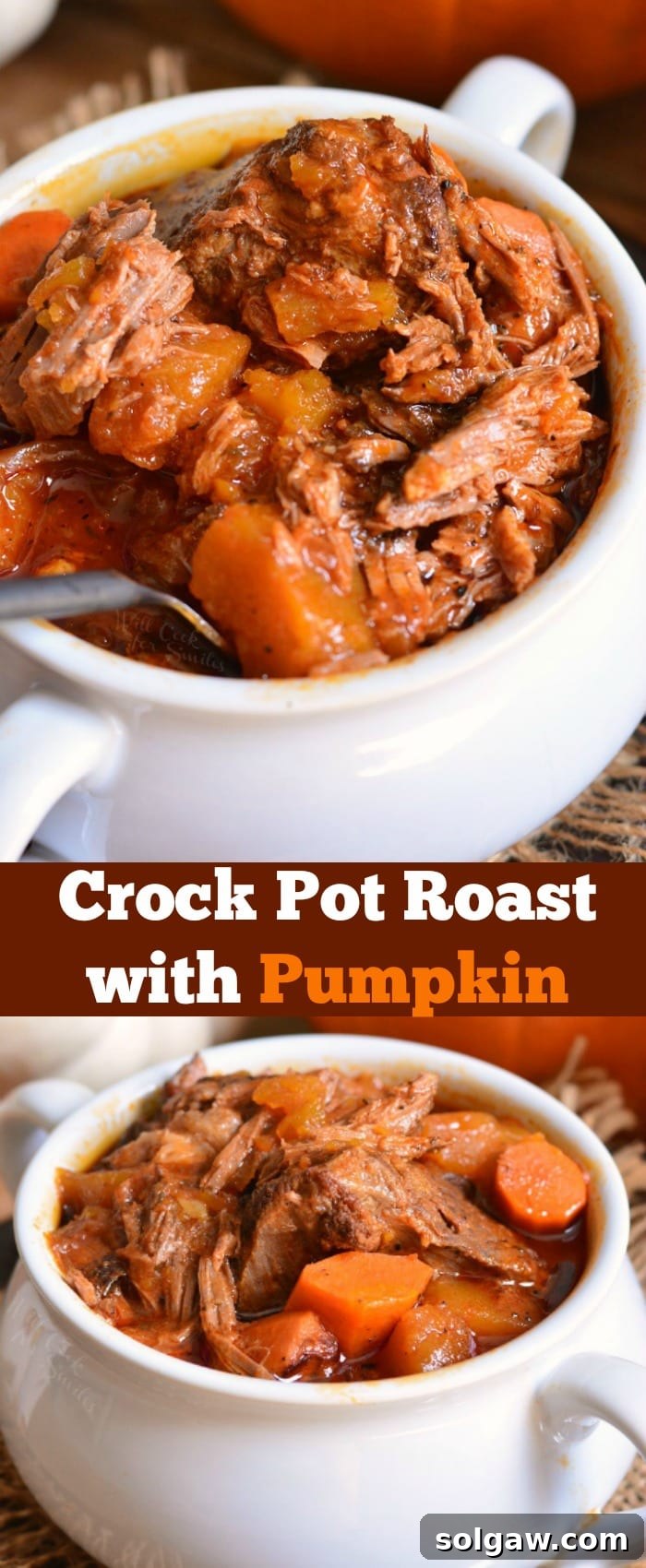 Crock Pot Roast with pumpkin in a bowl collage