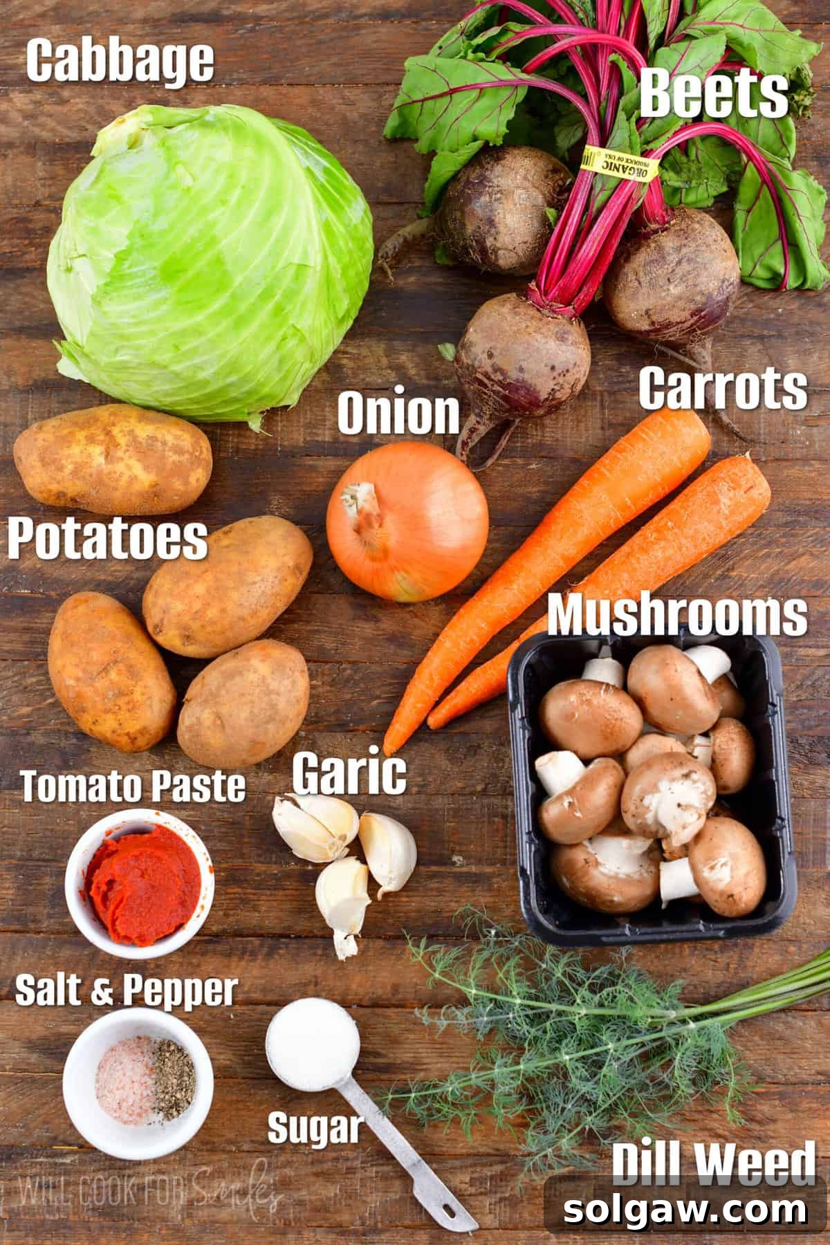 Labeled ingredients to make borscht soup on a wood surface.