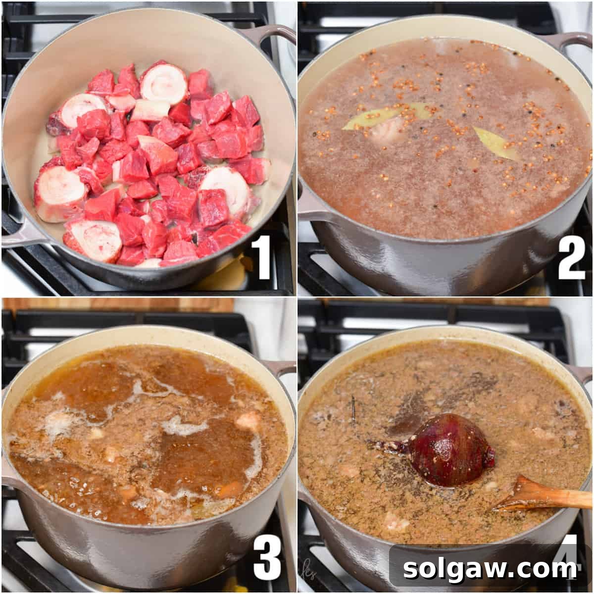 collage of four photos of steps of making borscht beef broth.