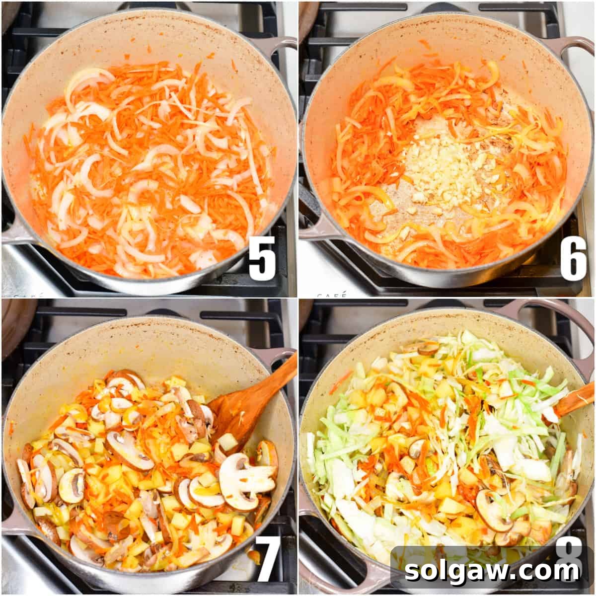 Collage of four photos of steps of cooking vegetables for borscht soup.