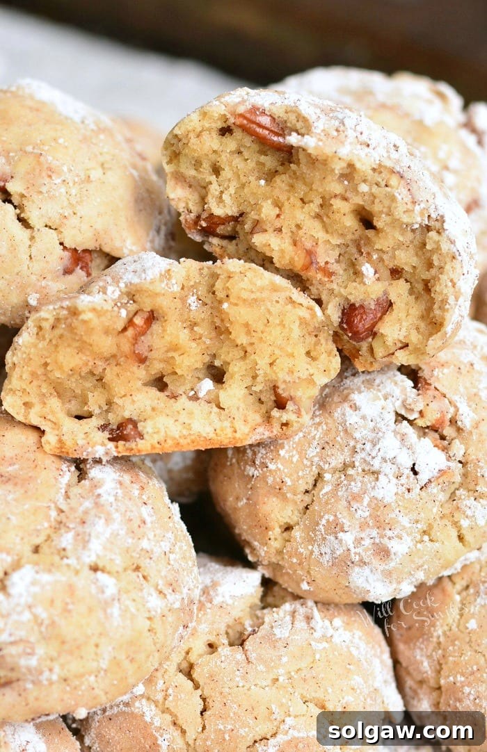 Velvety Maple Pecan Cream Cheese Cookies 2 Soft Maple Pecan Cream Cheese Cookies stacked on top of each other