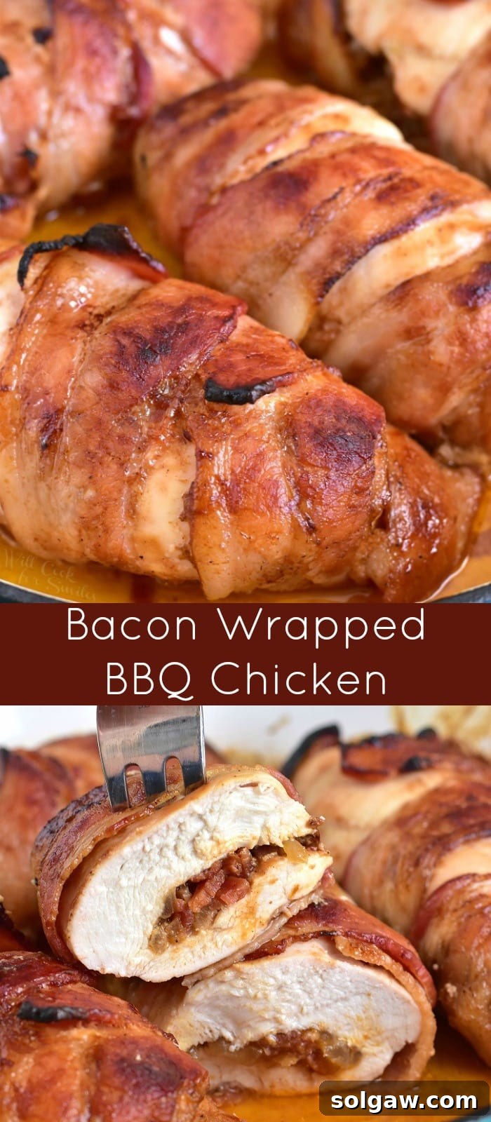 A visual collage of Bacon Wrapped BBQ Stuffed Chicken Breasts, showcasing different stages of preparation and the delicious finished meal.