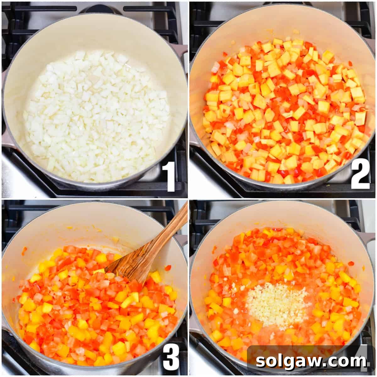 A collage of four images showing the step-by-step process of cooking vegetables for pumpkin chili in a large pot, from sautéing onions to adding bell peppers and diced pumpkin.