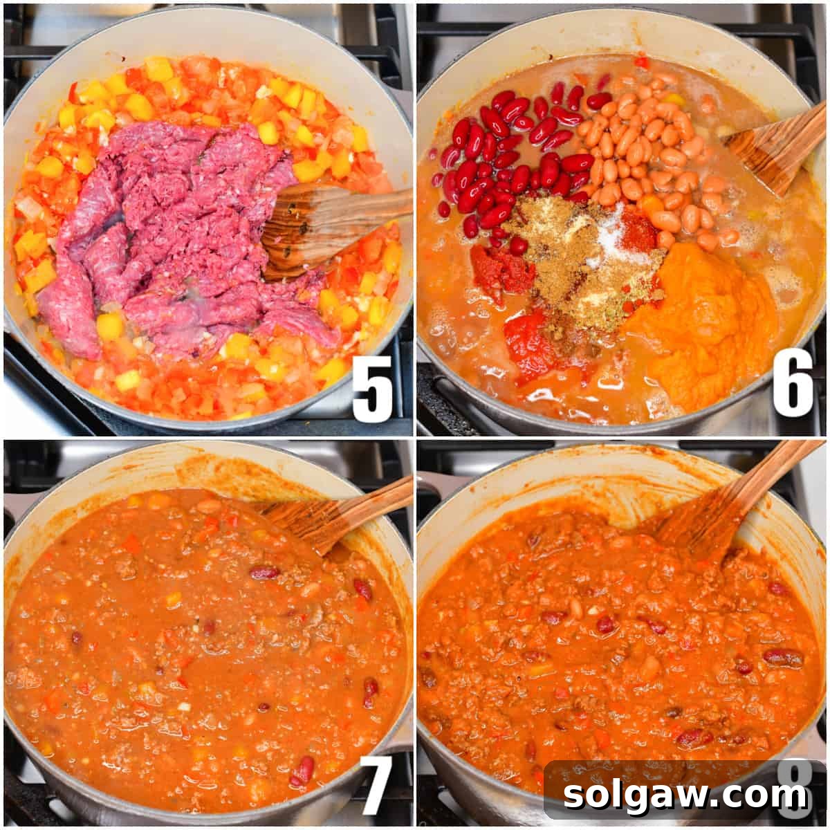 A collage of four images illustrating various cooking stages of pumpkin chili, including browning ground beef, adding spices, and simmering the mixture in a pot.