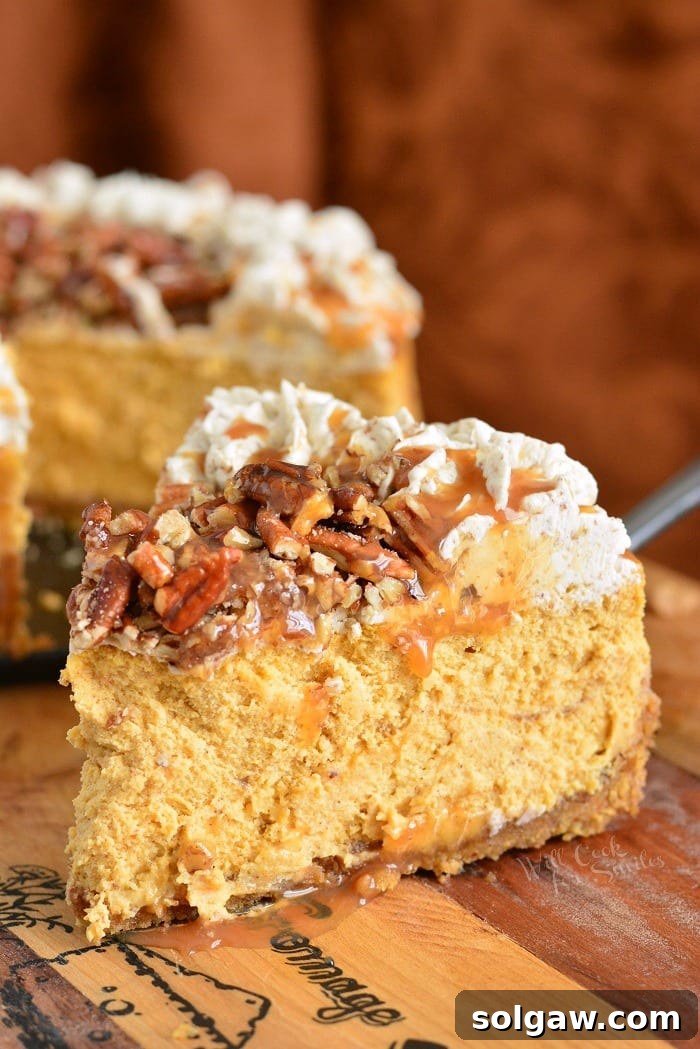 A delectable slice of Pecan Caramel Pumpkin Cheesecake showcasing its rich layers