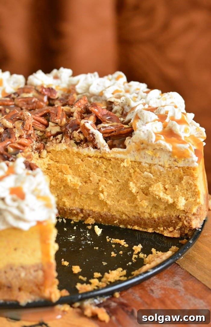 A stunning Pecan Caramel Pumpkin Cheesecake on a table, garnished and ready for serving