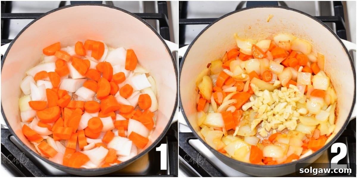 A two-part image collage showing the initial steps of making spaghetti sauce: first, chopped carrots and onions sautéing in a stockpot with olive oil, and second, garlic added to the softening vegetables, all in a large pot.