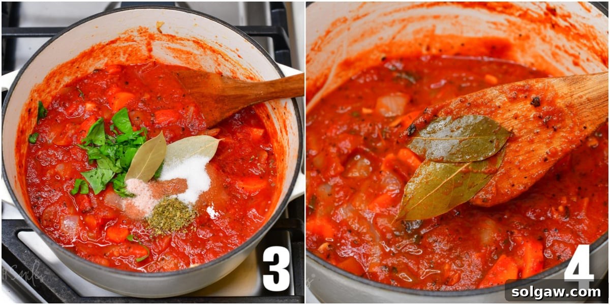 A two-part image collage illustrating the cooking process of spaghetti sauce: one shows a pot with crushed tomatoes and a medley of herbs and spices added, and the other features a wooden spoon removing bay leaves from the simmering sauce before blending.