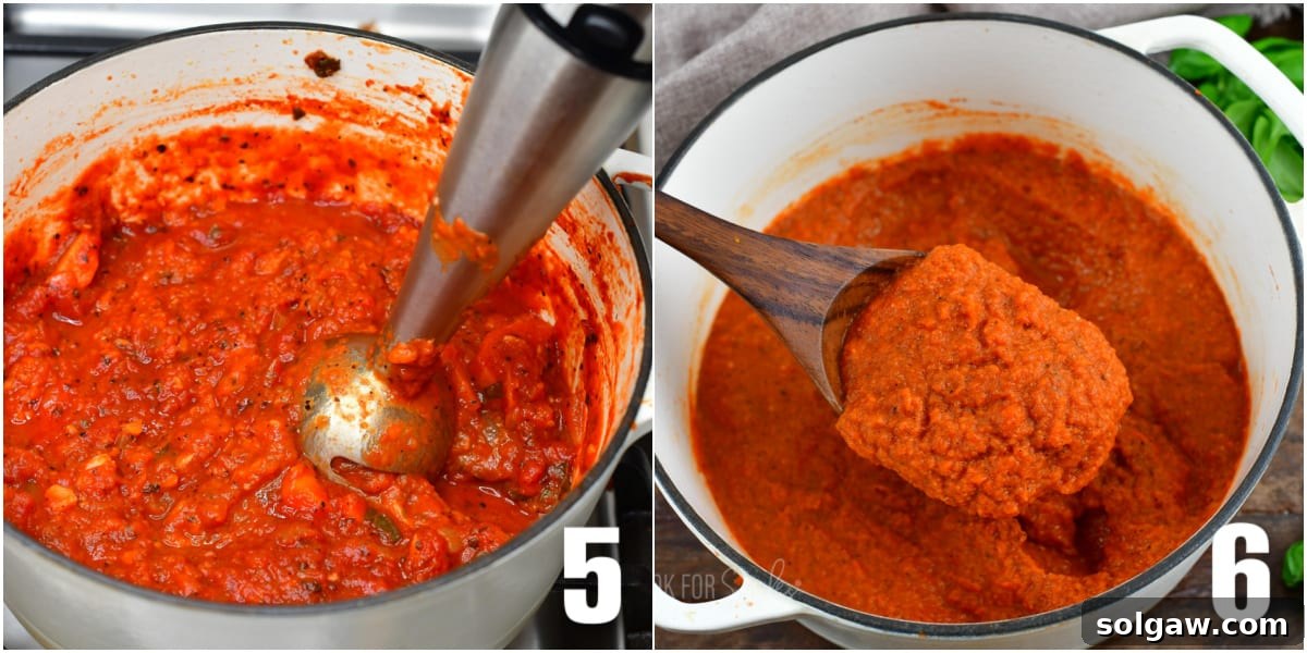 A two-part image collage showing the final steps of making spaghetti sauce: one depicts an immersion blender being used to smooth the sauce directly in the pot, and the other shows a spoonful of the perfectly blended, rich tomato sauce.