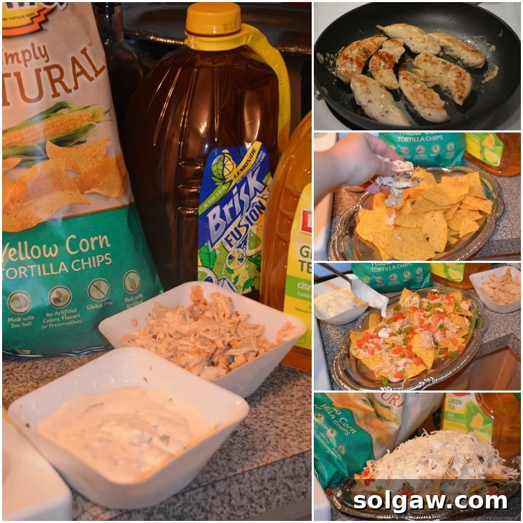 A collage demonstrating the step-by-step process of preparing Chicken Ranch nachos, from layering to baking.