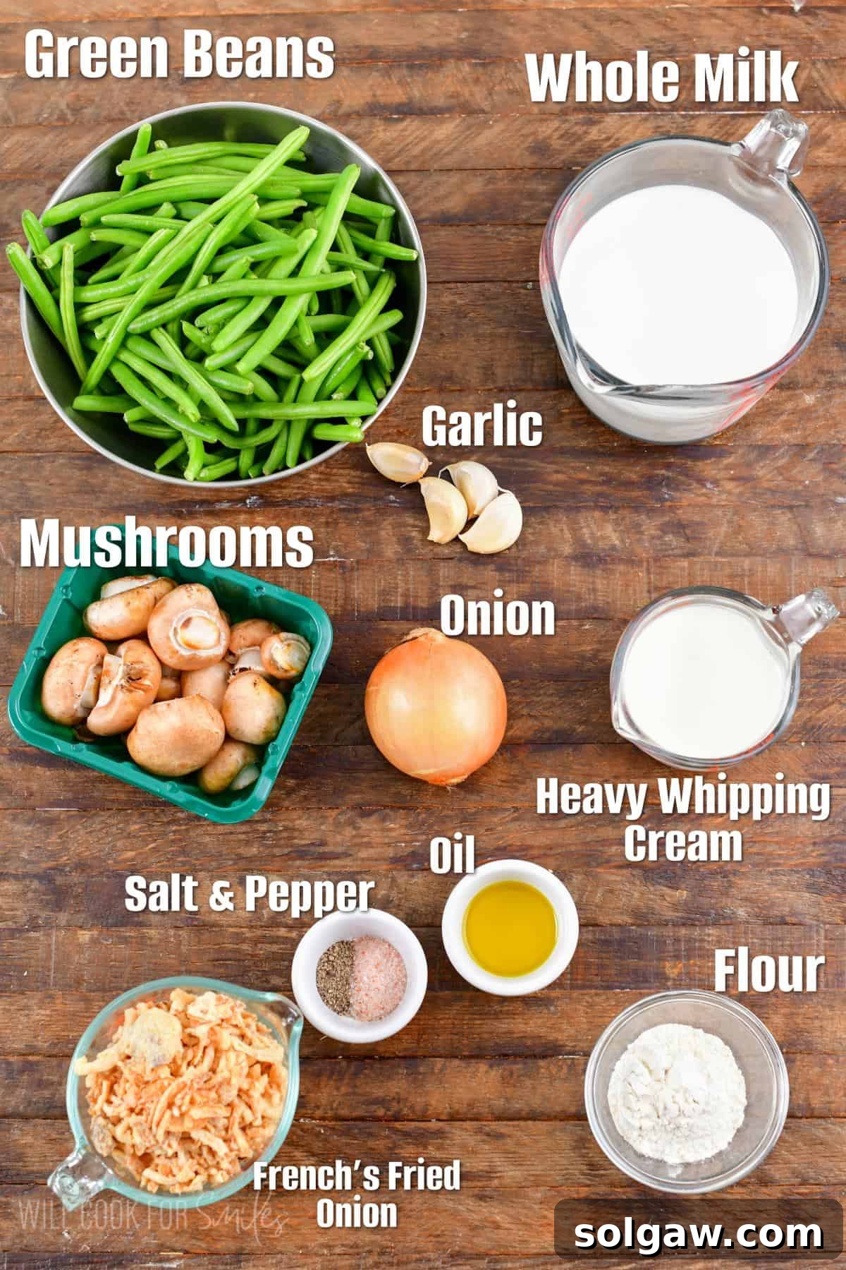 Carefully selected ingredients laid out for making the ultimate green bean casserole.