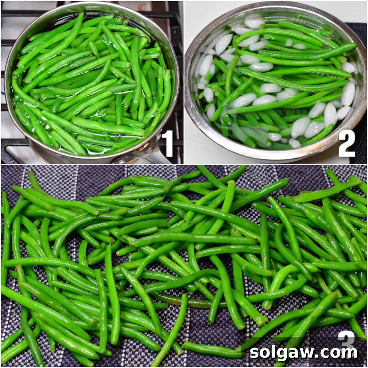 A visual guide to blanching green beans perfectly, including an ice bath and drying.