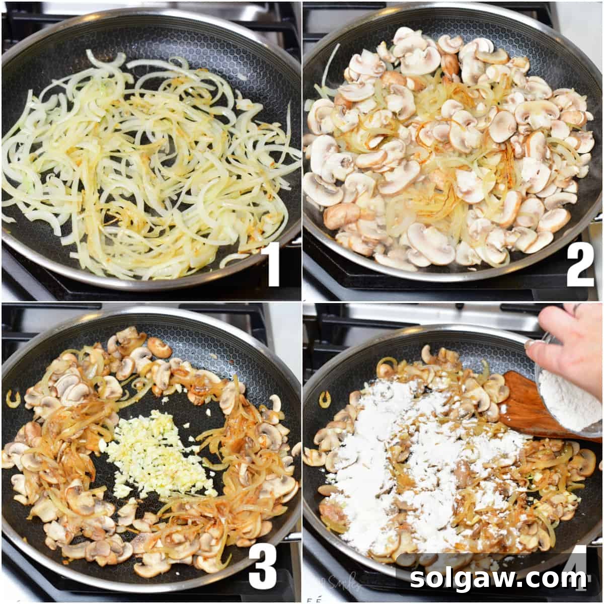A four-panel collage showing the process of sautéing onions and mushrooms for the creamy sauce.
