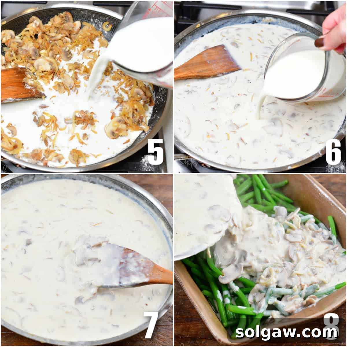 A collage showing the creamy sauce being made and then poured over green beans in a casserole dish.