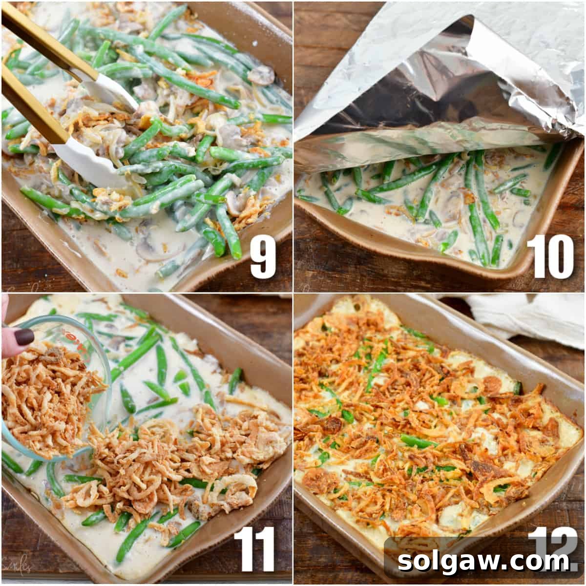 A collage of four images showing the green bean casserole baking in the oven.