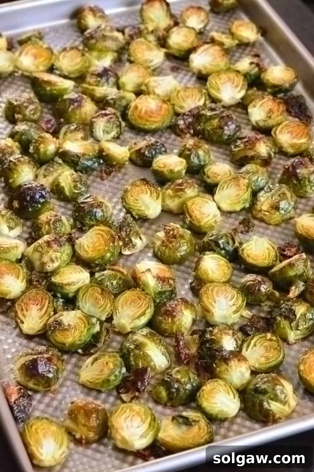 Cooked garlic butter brussels sprouts on a baking sheet.