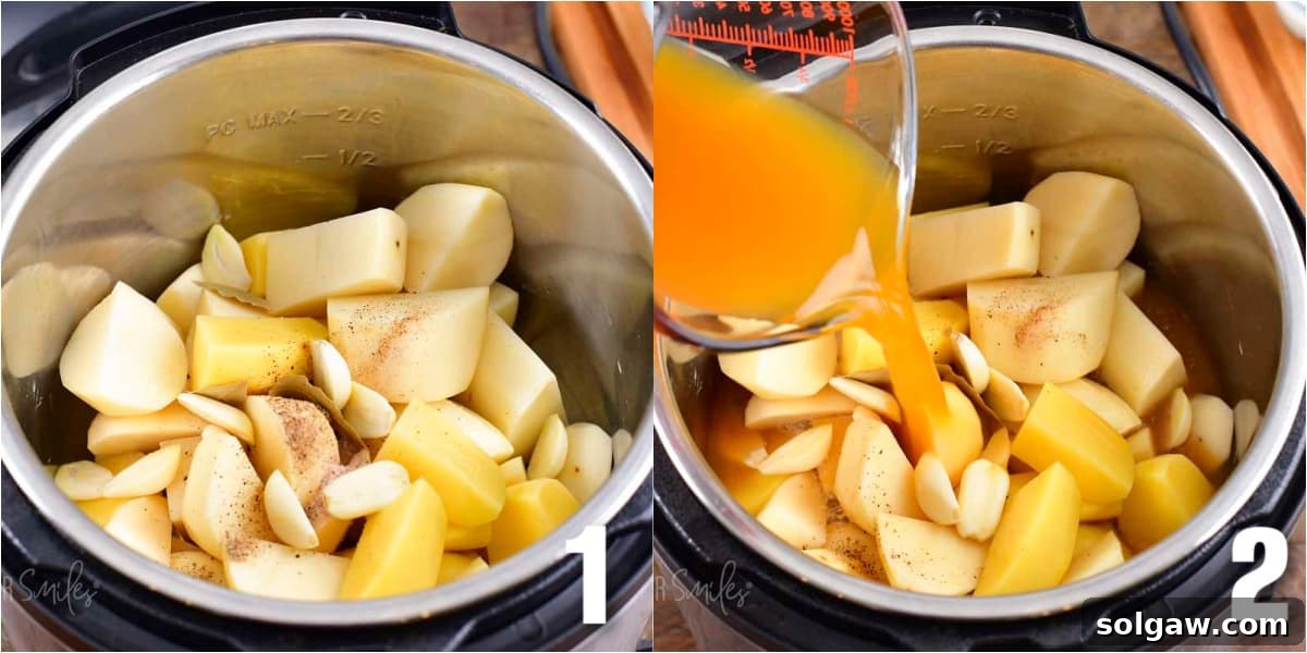 A visual collage showing prepped, quartered potatoes and the addition of savory broth into the Instant Pot, ready for cooking.