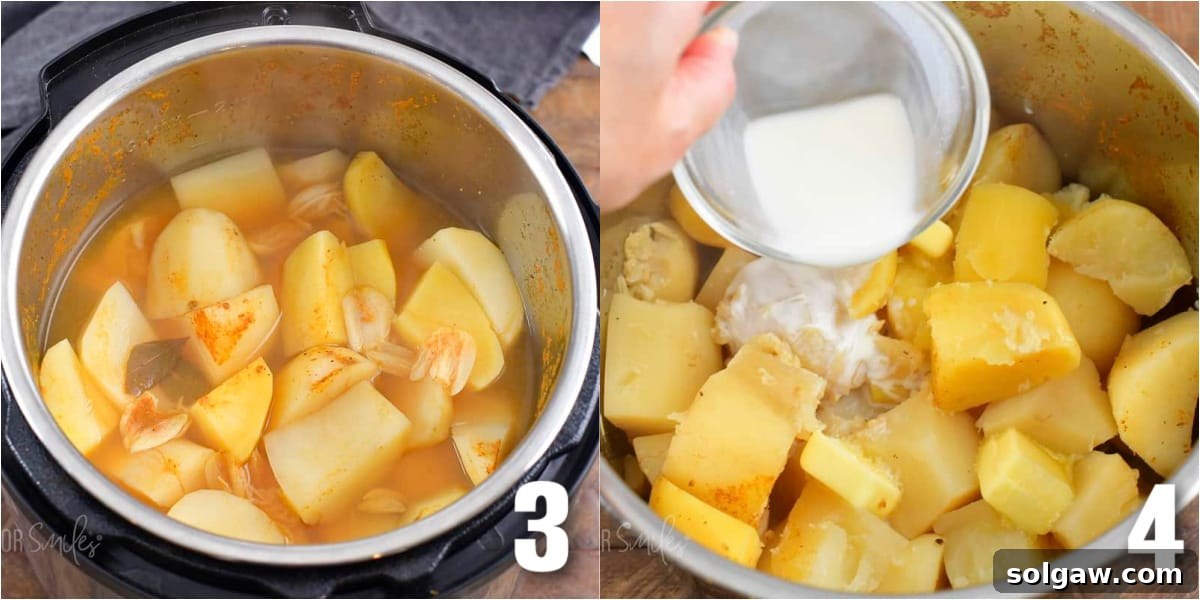 A two-part image showing the tender, cooked potatoes within the Instant Pot, followed by the pouring of milk, signaling the final stages of preparation.