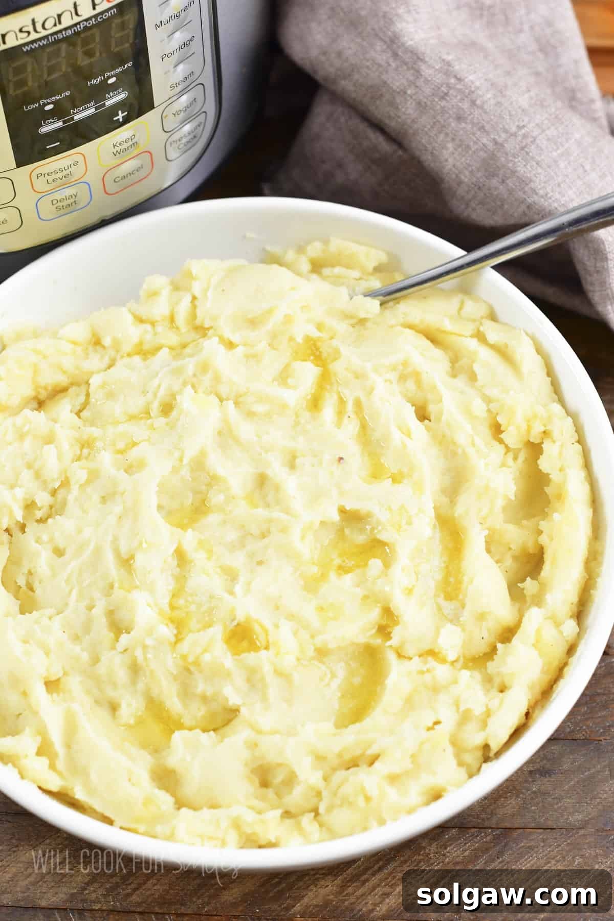A top-down view of a generous bowl of fluffy, garlicky mashed potatoes, with a serving spoon resting inside, inviting a taste.