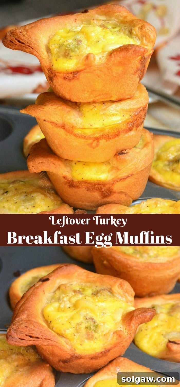Leftover Turkey Breakfast Egg Muffins stacked up in a muffin tin