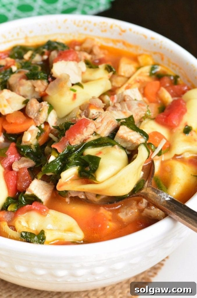 Savory Turkey Tortellini Encore 3 Scooping out a generous portion of turkey tortellini soup from a white pot into a bowl.