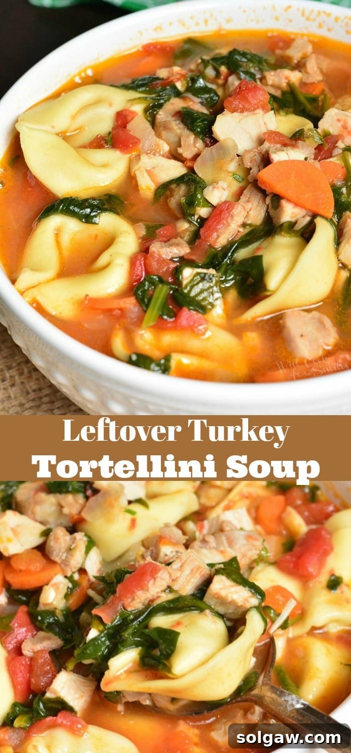 Savory Turkey Tortellini Encore 5 A collage featuring two close-up images of turkey tortellini soup: one showing a full bowl and another showing a spoonful being lifted from the bowl.