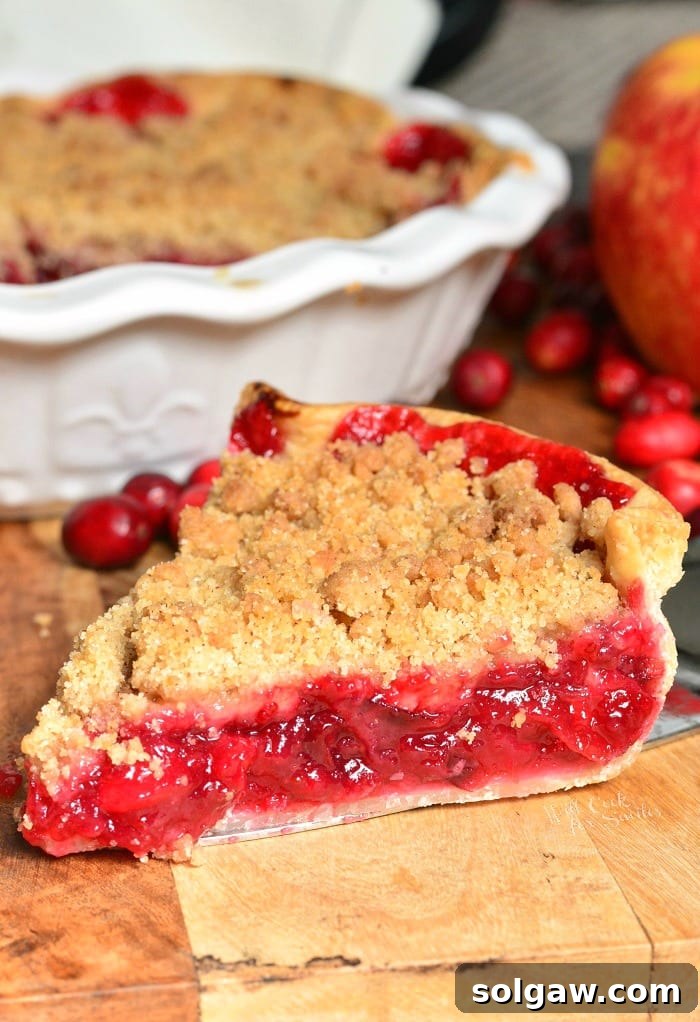 Appetizing Apple Cranberry Pie with streusel topping, freshly baked.